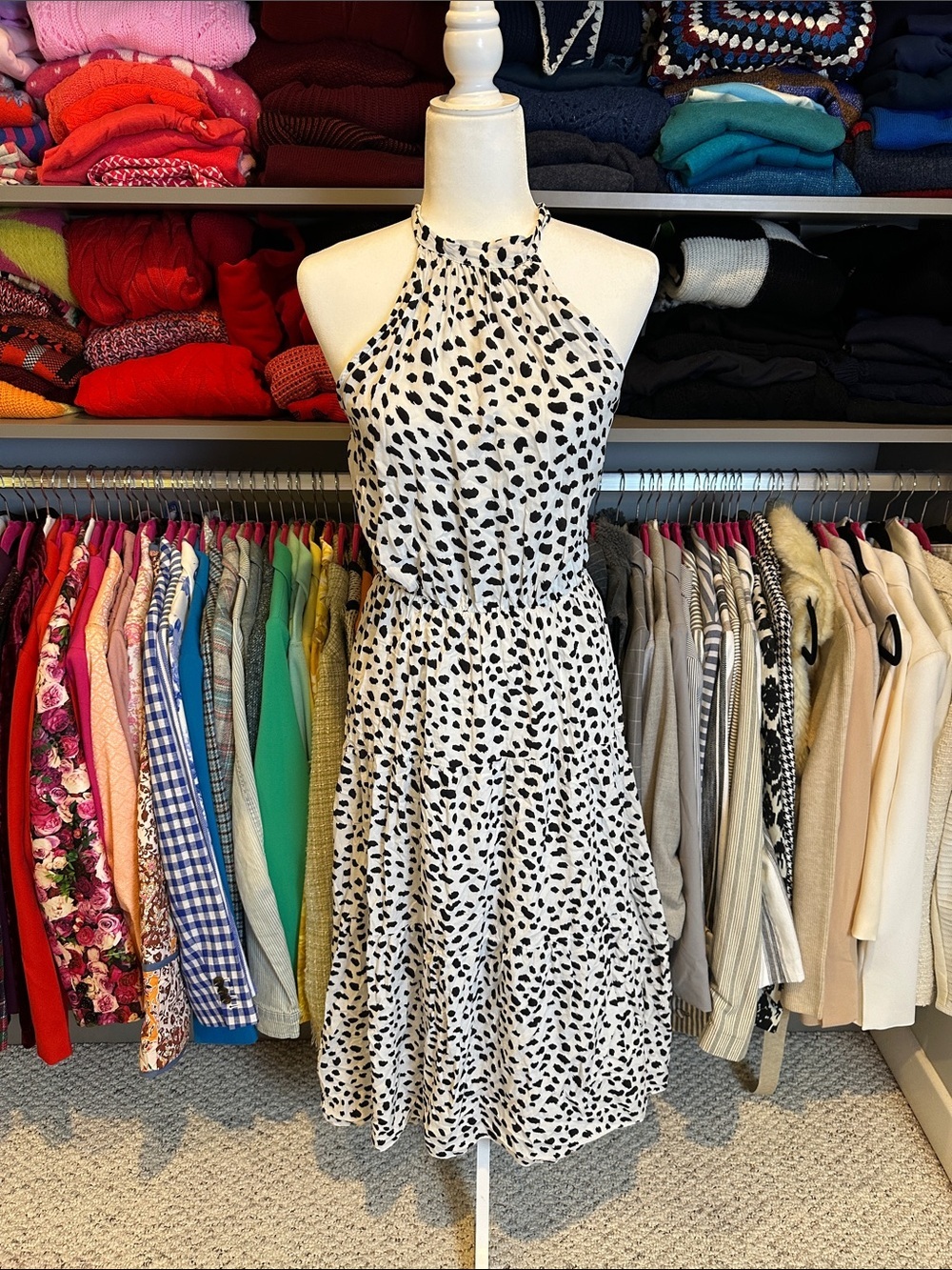 PrettyGarden white/black spotted halter neck backless lined midi dress size S